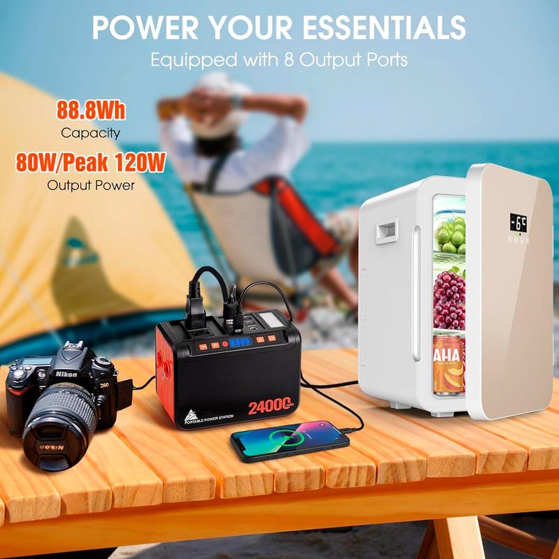 Portable Power Station 88Wh, Solar Generator Power Bank with 110V AC DC USB Ports LED Flashlight for Camping Home Emergency Power Backup(Solar Panel Not Included)