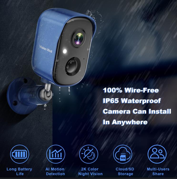 Vision Well Wireless Security Camera, AI PIR Sensor, Two-Way Talk, Smart Instant Siren, IP65 Waterproof, Support SD Card and Cloud Storage