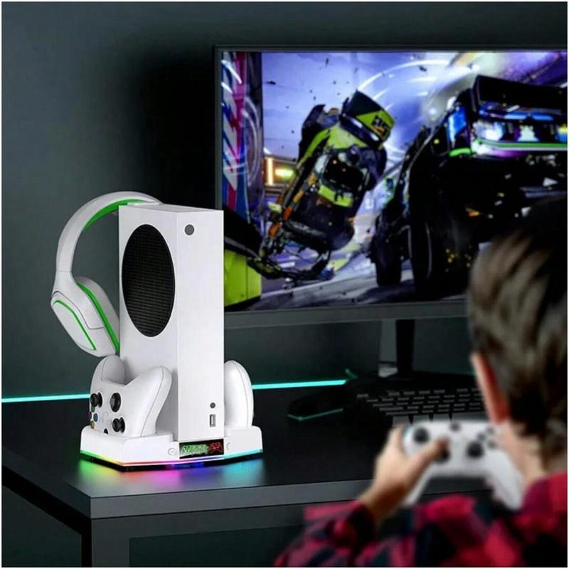 Creative Cooling Stand with Headphone Hook, 1 Count Controller Gamepad Charge Seat with Game Discs Card Slot Fan, Console Accessories for Xbox Series S