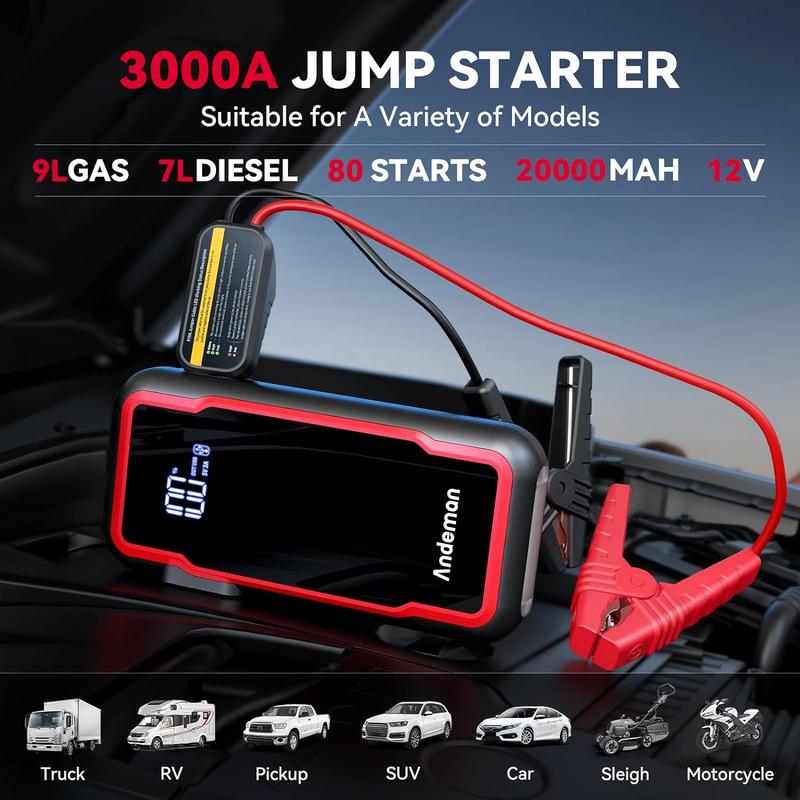 Andeman Car Jump Starter 3000A Peak 20000mAh (Start 9L Gas Engine or up to 7L Diesel Engine) , 12V Car Jumper, Type-C Ports, Red quick charger