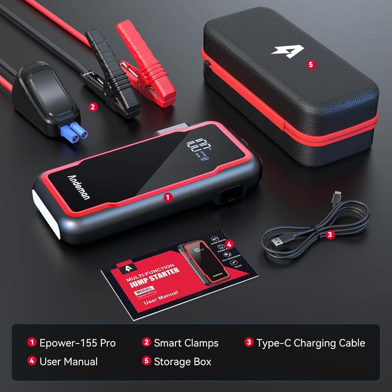 Andeman Car Jump Starter 3000A Peak 20000mAh (Start 9L Gas Engine or up to 7L Diesel Engine) , 12V Car Jumper, Type-C Ports, Red quick charger