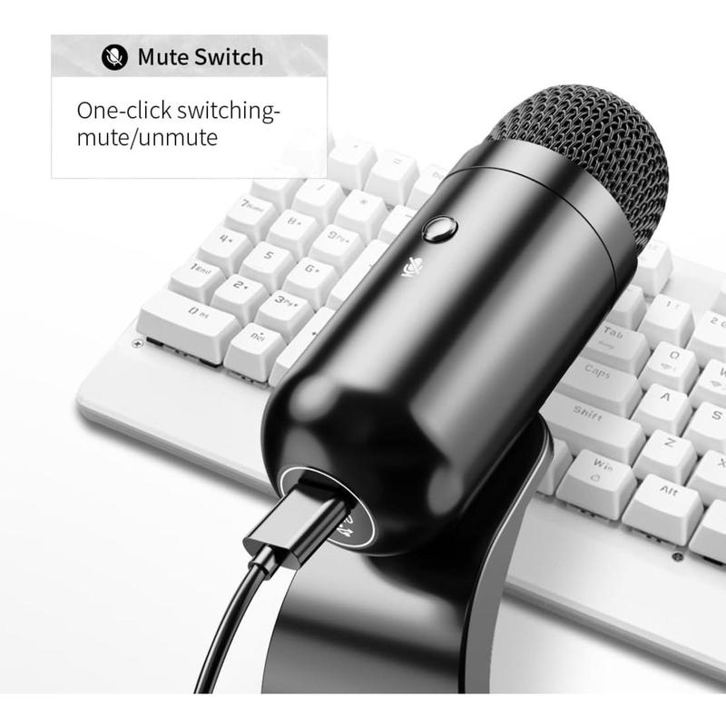 USB Computer Microphone, Podcast Mic Desktop with Mute Button for Recording Streaming, Omnidirectional Condenser, Plug&Play Stand with Volume Control Suitable for PC, Laptop, Mac, YouTube