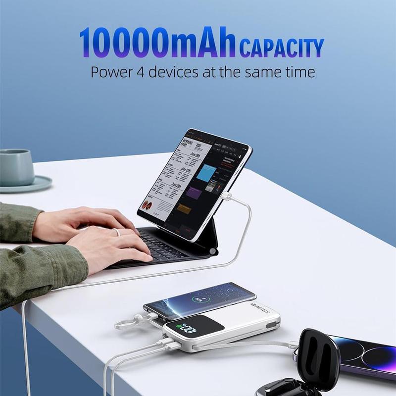 10000mAh Portable Power Bank, PD3.0 QC4.0 22.5W Fast Charging Power Bank, Portable Mobile Phone Charger with LED Digital Display & 2 Cables