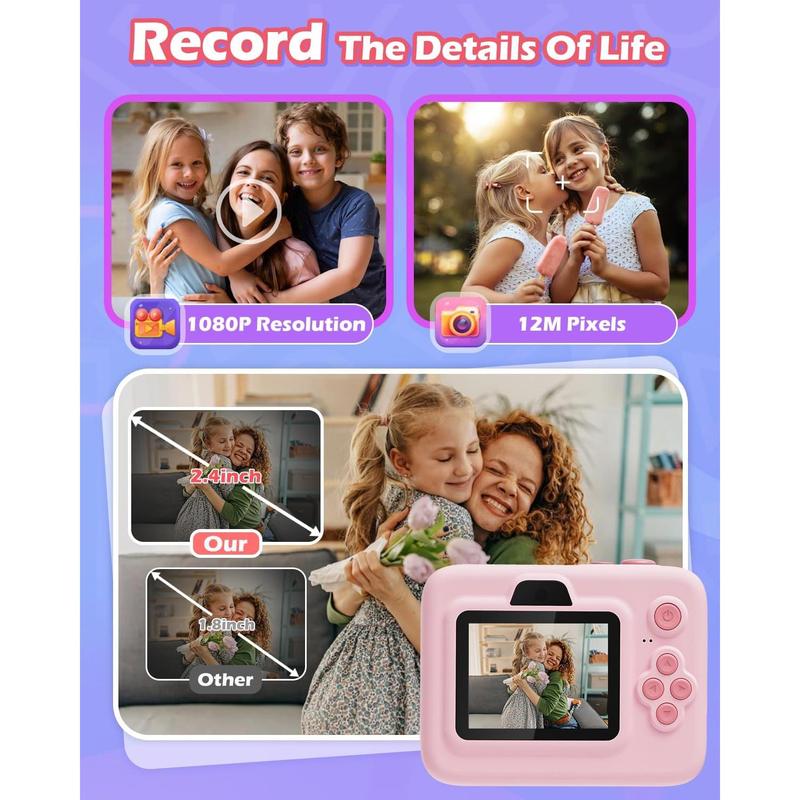 Instant Print Camera for , 2.4 Inch Screen  Camera for Girls with 3 Print Paper, Birthday Gift for Girls Boys  3-12, 1080P Instant Camera Toys for  6 7 8 Year Old Girl Pink