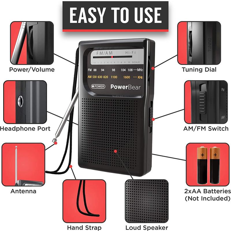 PowerBear Portable Radio | AM FM, 2AA Battery Operated with Long Range Reception for Indoor, Outdoor & Emergency Use | Radio with Speaker & Headphone Jack