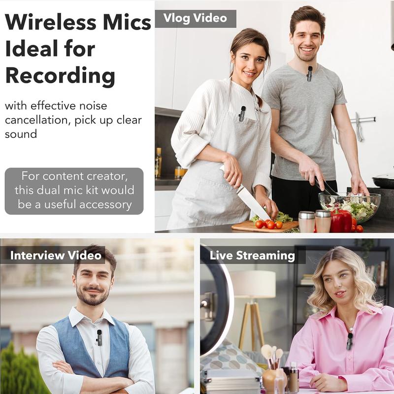 Wireless Lavalier Microphone, USB Rechargeable Clip-on Mini Mic, Professional Noise Cancelling Lapel Mic for Interview Video Recording Vlog