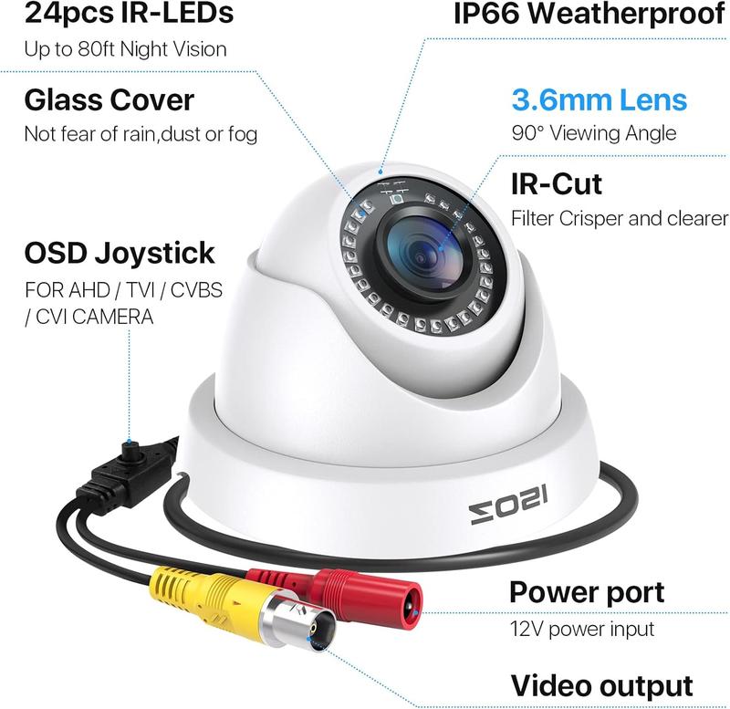 ZOSI 2MP 1920TVL Hybrid 4 in 1 TVI CVI AHD CVBS Security CCTV Camera,1080P HD Weatherproof Outdoor Indoor Surveillance Cam,Night Vision,For 960H,720P,1080P,5MP,4K analog DVR - White Car camera camera security Digital