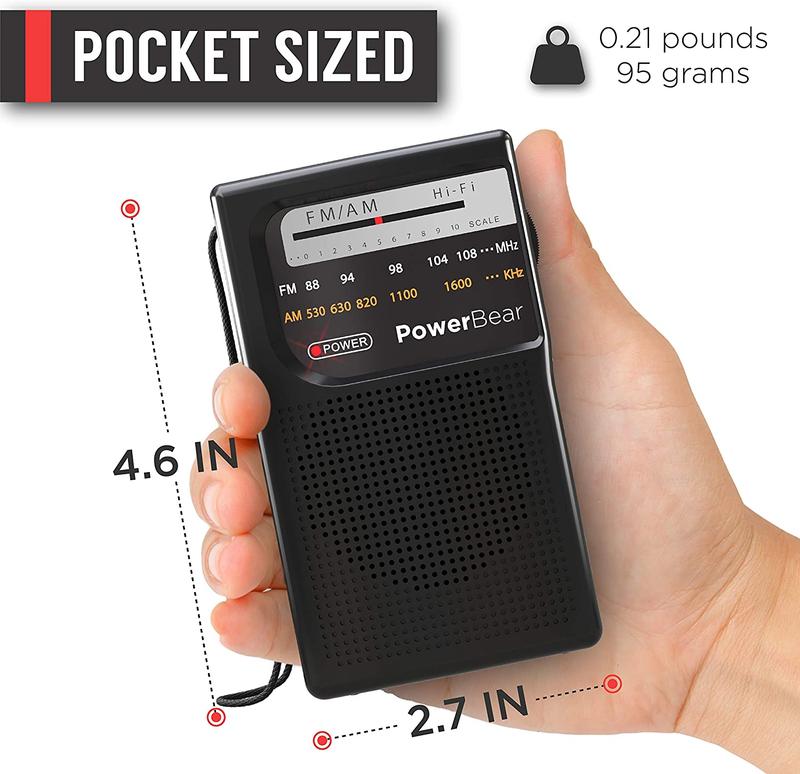 PowerBear Portable Radio | AM FM, 2AA Battery Operated with Long Range Reception for Indoor, Outdoor & Emergency Use | Radio with Speaker & Headphone Jack