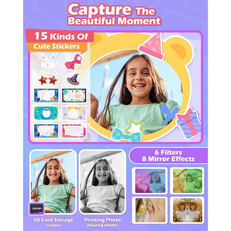 Instant Print Camera for , 2.4 Inch Screen  Camera for Girls with 3 Print Paper, Birthday Gift for Girls Boys  3-12, 1080P Instant Camera Toys for  6 7 8 Year Old Girl Pink