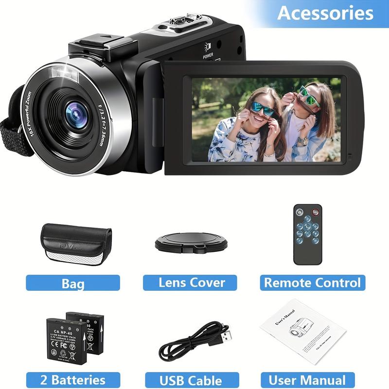 2.7K Camcorder, 48 Megapixel 16x Digital Camcorder, 3.0‘’ 270 Degree Rotating Screen Recorder -  Vlogging Camera with Remote Control and 2 Batteries - For Content Creators & Vloggers - Perfect for Travel & Events