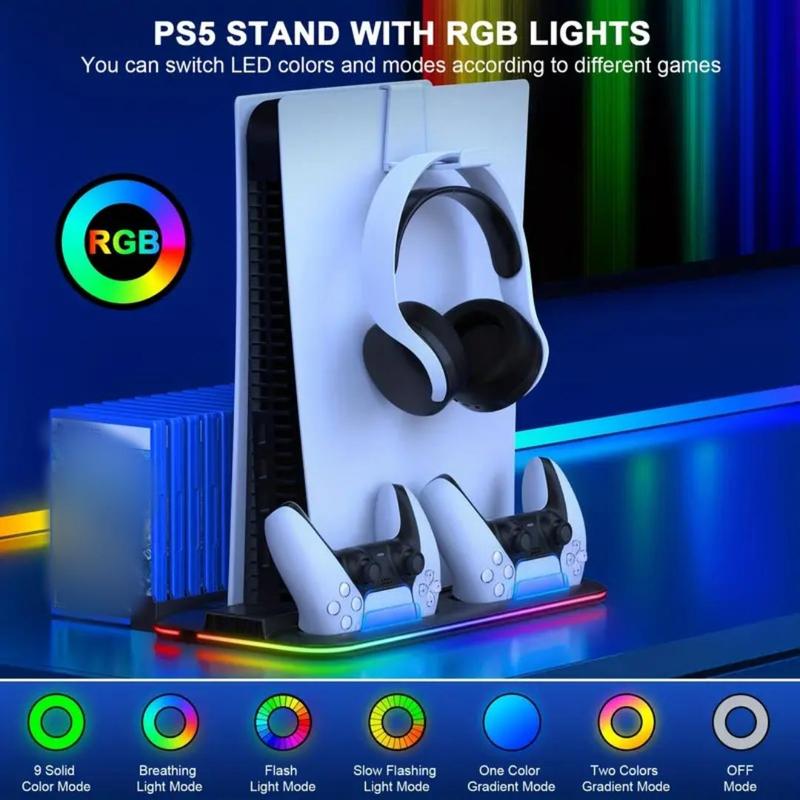 Cooling Stand for PS5 and PS5 Slim, Controller Charging Rack with RGB Indicator, Console Accessories for Playstation 5 Handle