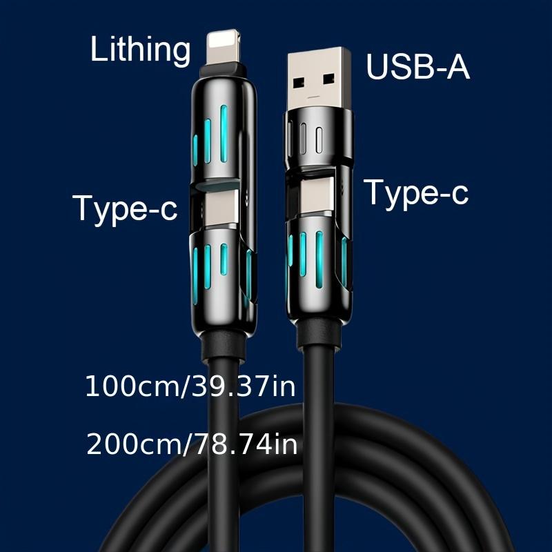 2pcs 4-in-1 Multi USB Charging Cable with LED Lights, Fast Charging Charger Cord, USB A & Type C Connectors, PVC Round Shape, Soft Silicone Material