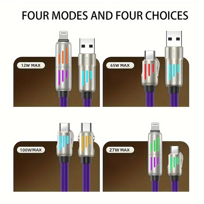 2pcs 4-in-1 Multi USB Charging Cable with LED Lights, Fast Charging Charger Cord, USB A & Type C Connectors, PVC Round Shape, Soft Silicone Material