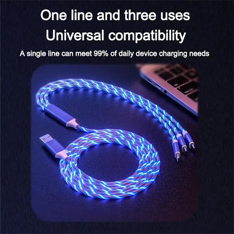 3 In 1 Type-C Data Cable, 12W Fast Charging Data Cable, Portable 3 In 1 Flowing LED Charging Cable