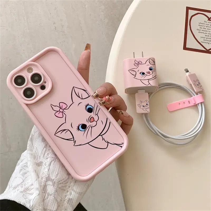 Cute Cat Pattern Phone Case with with Charger Protective Cover (5 Counts set), Phone Protective Cover, Phone Accessories for iPhone 11 12 13 14 15 16