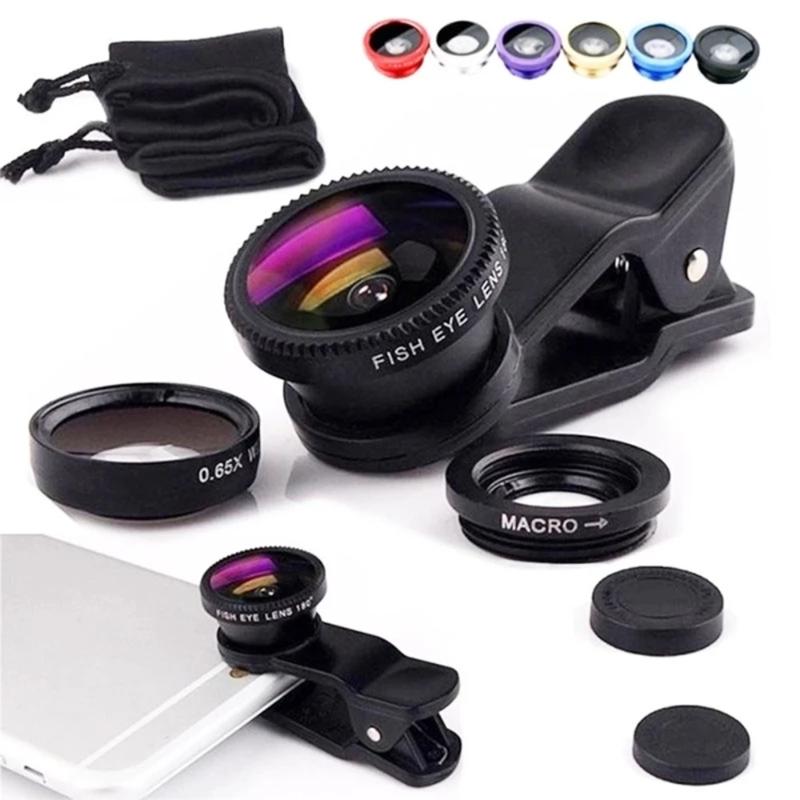 3in1 Fisheye Lens Wide Angle Micro Camera Lens for iPhone Samsung Xiaomi Zoom Fish Eye Len for Smartphone Lenses with Phone Clip Christmas Gift