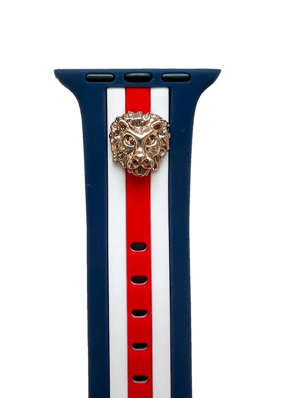 Apple Watch Strap Navy White Red with 2 Lion Head Silver Charms Series Ultra, SE, 6, 7 8 Size 38, 40, 41, 42, 44 45 49mm Silicone Wristband | Accessories Luxury