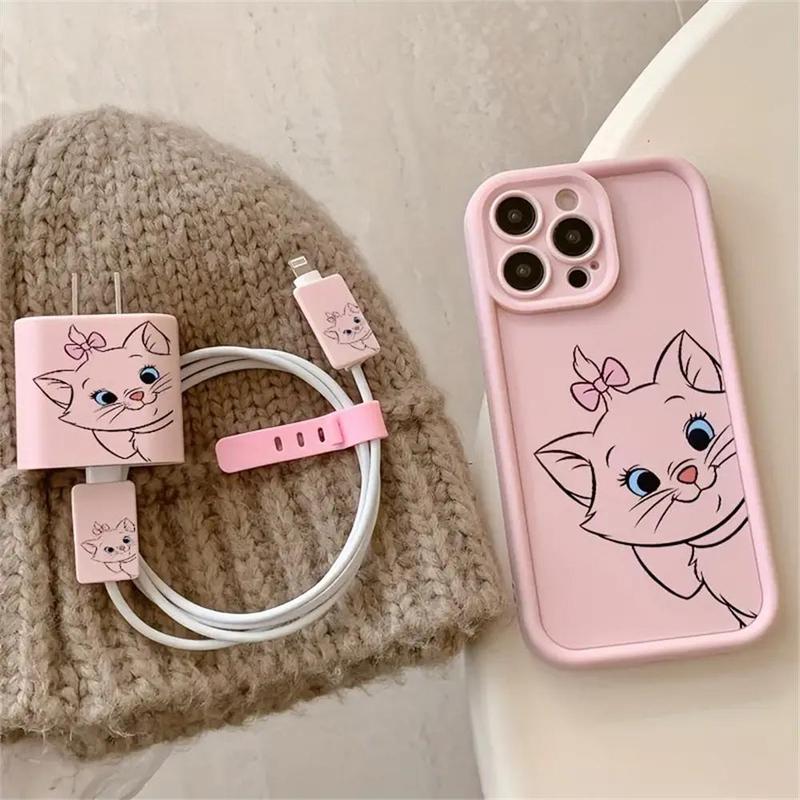 Cute Cat Pattern Phone Case with with Charger Protective Cover (5 Counts set), Phone Protective Cover, Phone Accessories for iPhone 11 12 13 14 15 16