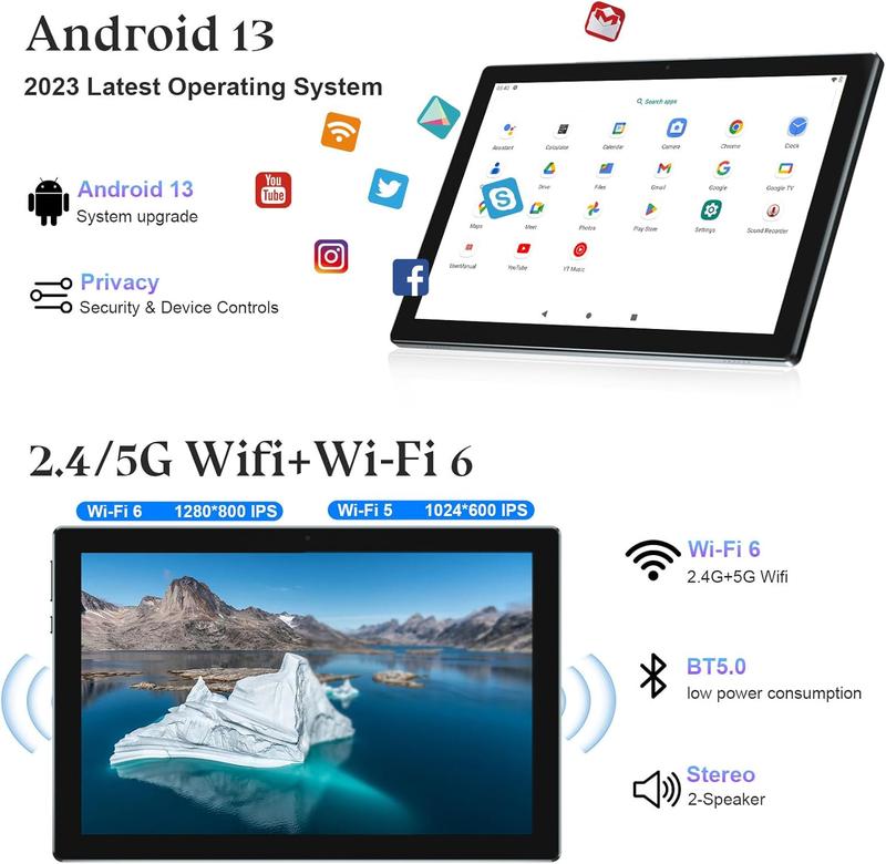 Newest Android 13 Tablet 10.1 Inch, Android 2 in 1 Tablet with Keyboard Case, 8GB+128GB ROM 1TB Tablets, Quad Core, HD Touch Screen, Dual Carema, Games, 2.4G 5G Wi-Fi 6BT, GMS Certified