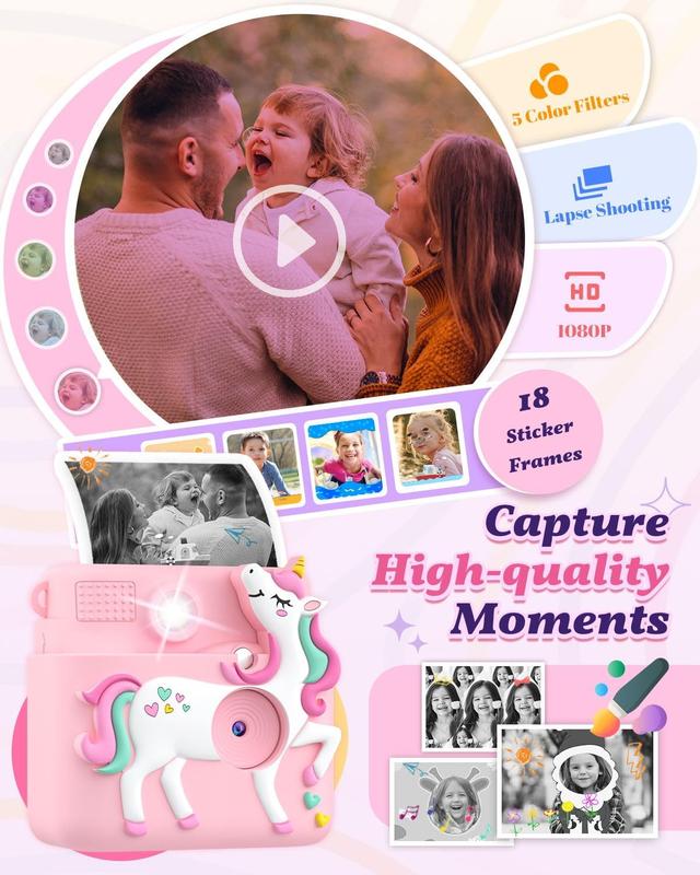 Kids Camera Instant Print, 1080P Cameras for Kids Girls Toys Age 6-8, Christmas Birthday Gift for 7 8 9 10 Year Old Girls, Kids Toys for Girls Age 3-12 with 3 Rolls Paper and a 32G Card-Pink