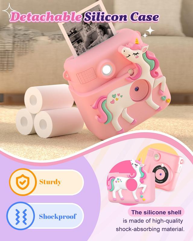 Kids Camera Instant Print, 1080P Cameras for Kids Girls Toys Age 6-8, Christmas Birthday Gift for 7 8 9 10 Year Old Girls, Kids Toys for Girls Age 3-12 with 3 Rolls Paper and a 32G Card-Pink