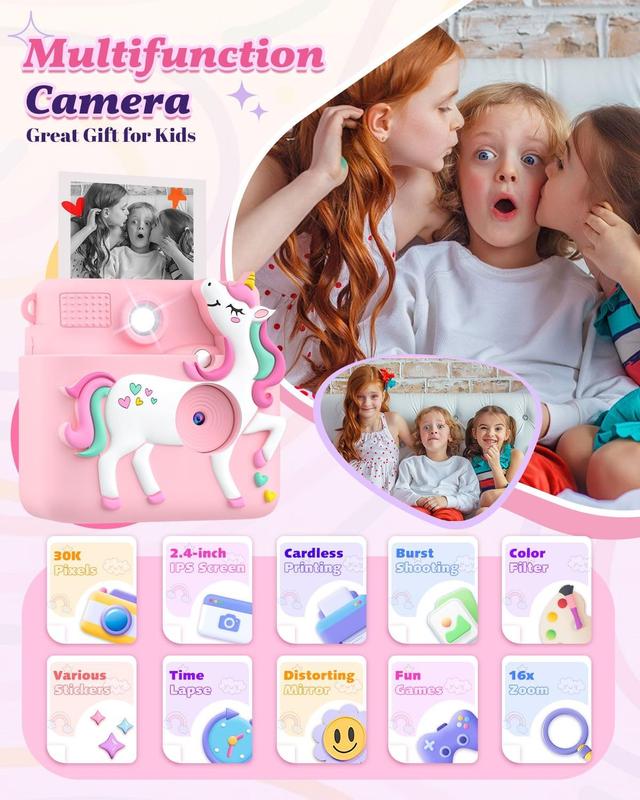 Kids Camera Instant Print, 1080P Cameras for Kids Girls Toys Age 6-8, Christmas Birthday Gift for 7 8 9 10 Year Old Girls, Kids Toys for Girls Age 3-12 with 3 Rolls Paper and a 32G Card-Pink