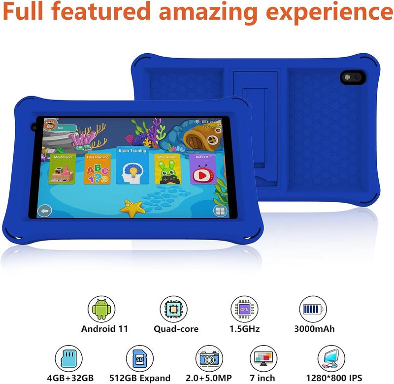 7 Inch  Tablet, Android Toddler Tablet, 32GB ROM+4GB RAM, Quad-core Processor, IPS HD Eye-Care Touchscreen, Dual Camera Tablets PC with Silicone Case Blue