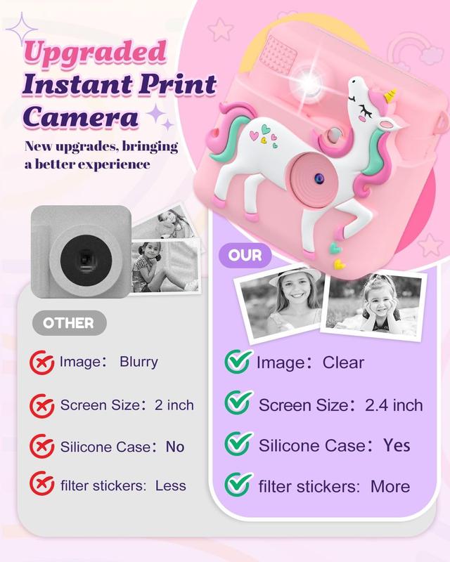 Kids Camera Instant Print, 1080P Cameras for Kids Girls Toys Age 6-8, Christmas Birthday Gift for 7 8 9 10 Year Old Girls, Kids Toys for Girls Age 3-12 with 3 Rolls Paper and a 32G Card-Pink