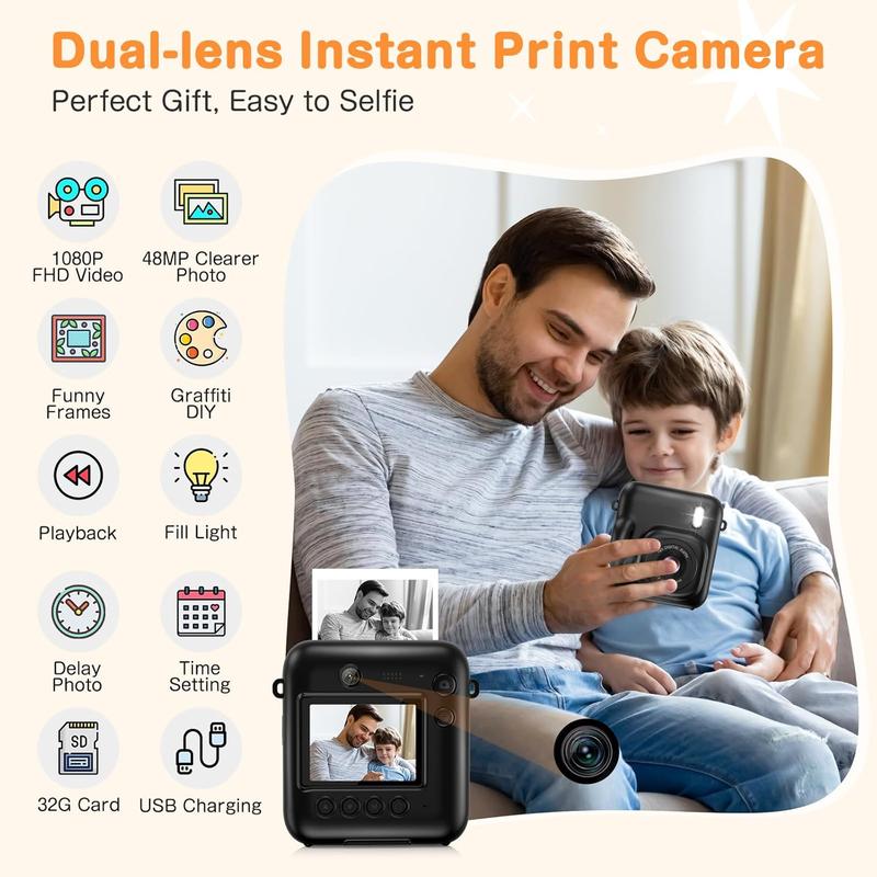 Camera Instant Print, Dual-Lens 48MP Digital Camera for Christmas Birthday Gifts, 1080P Selfie Instant Cameras for  with 32GB Card, Instant Print Digital Camera for Girls Boys-Black