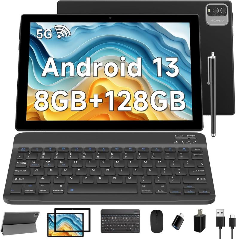 Newest Android 13 Tablet 10.1 Inch, Android 2 in 1 Tablet with Keyboard Case, 8GB+128GB ROM 1TB Tablets, Quad Core, HD Touch Screen, Dual Carema, Games, 2.4G 5G Wi-Fi 6BT, GMS Certified