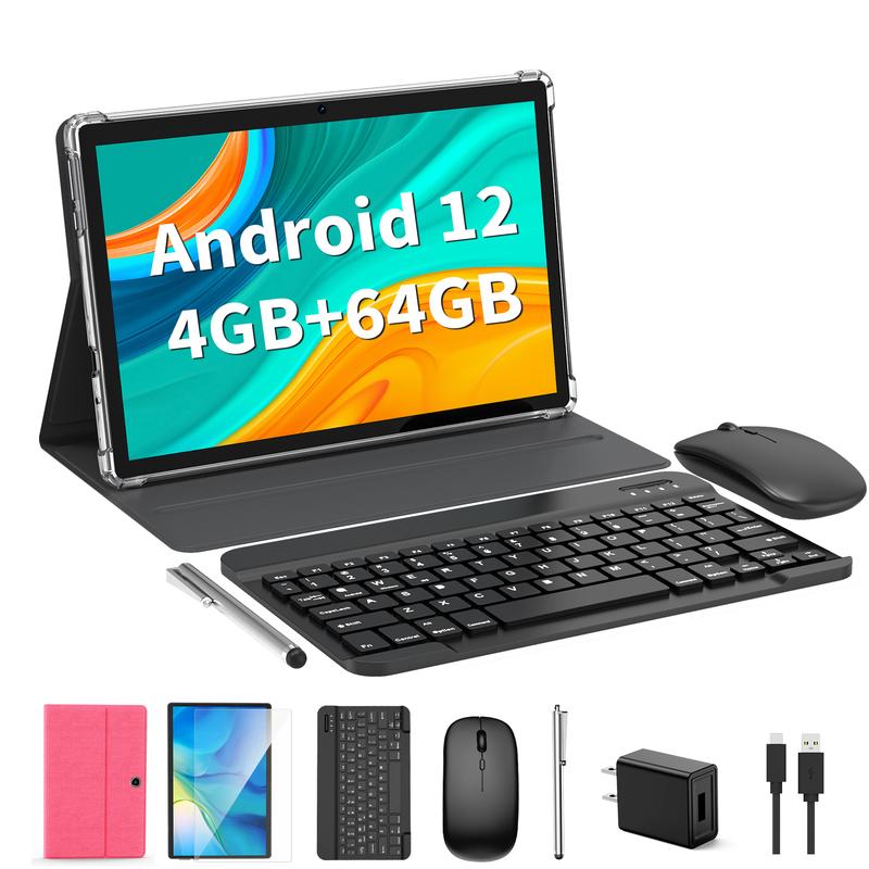 Relndoo Tablet 10.1 Inch Android 12, 5 in 1 Tablet with Keyboard, Mouse,Stylus, Case, Quad Core 64GB ROM, WiFi, 5+8MP Dual Camera, 6000mAh, 1280x800 IPS Display, Widevine L1, Bluetooth